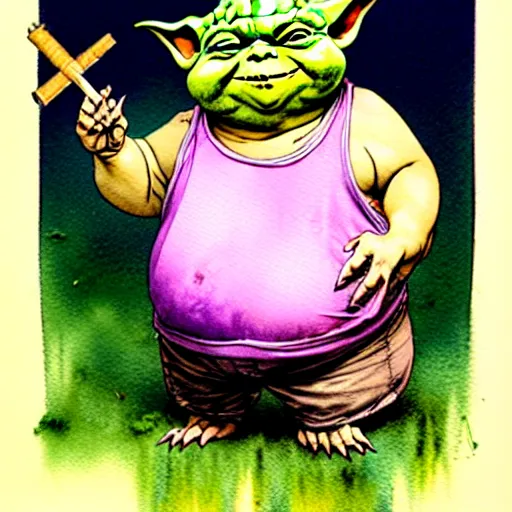 Image similar to a realistic and atmospheric watercolour fantasy character concept art portrait of a fat chibi yoda wearing a wife beater and jeans with pink eyes smiling and holding a blunt with a pot leaf nearby, by rebecca guay, michael kaluta, charles vess and jean moebius giraud