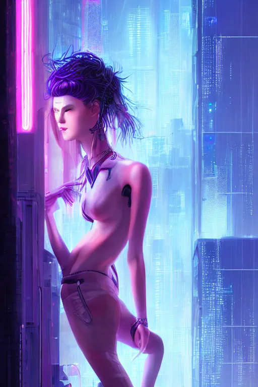 Prompt: portrait futuristic sensual cyberpunk young female Mage, in futuristic rainny thunder flashing tokyo rooftop cyberpunk night, ssci-fi, fantasy, intricate, very very beautiful, elegant, neon light, highly detailed, digital painting, artstation, concept art, soft light, hdri, smooth, sharp focus, illustration, art by tian zi and craig mullins and WLOP and alphonse mucha