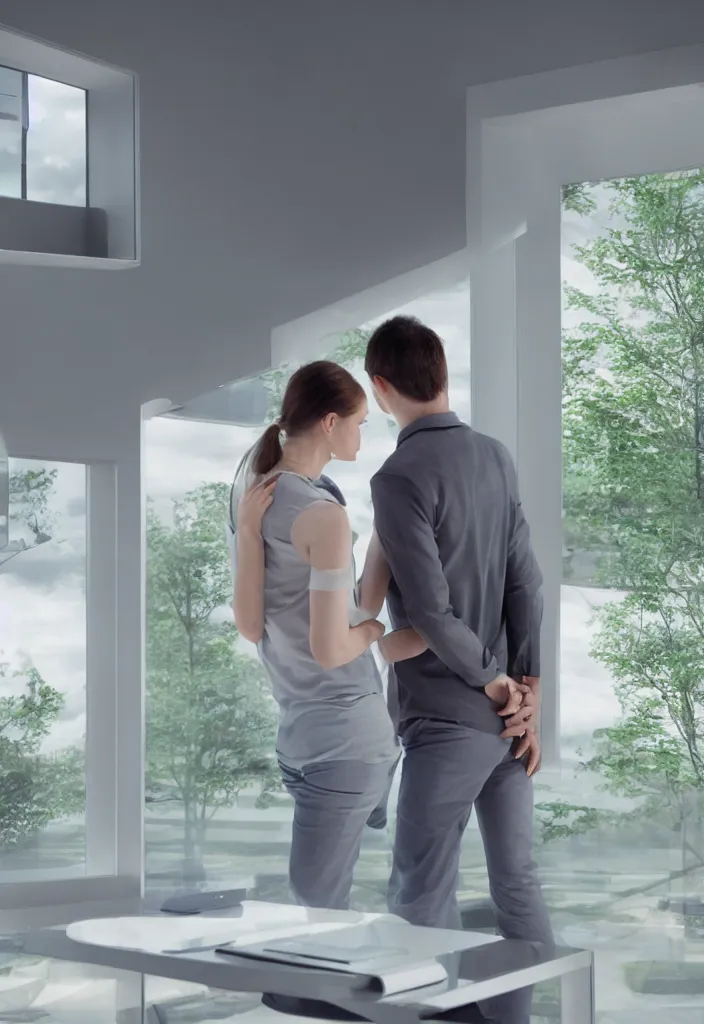 Prompt: sad couple looking to the window in a futuristic home office, highly detailed, photo realistic