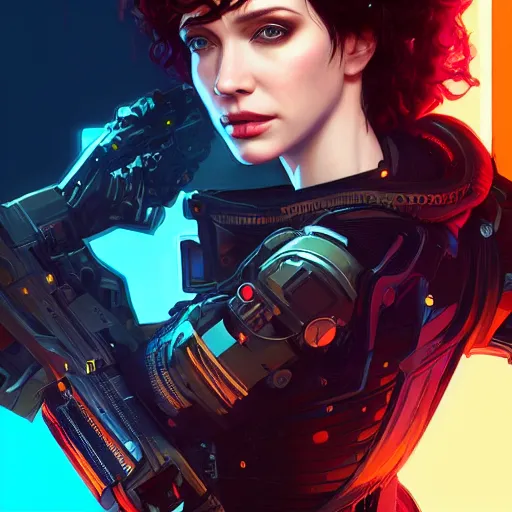 Image similar to christina hendricks wearing cyberpunk 2 0 7 7 futuristic clothing, intricate, elegant, highly detailed, digital painting, artstation, concept art, smooth, sharp focus, illustration, art by artgerm and greg rutkowski and alphonse mucha