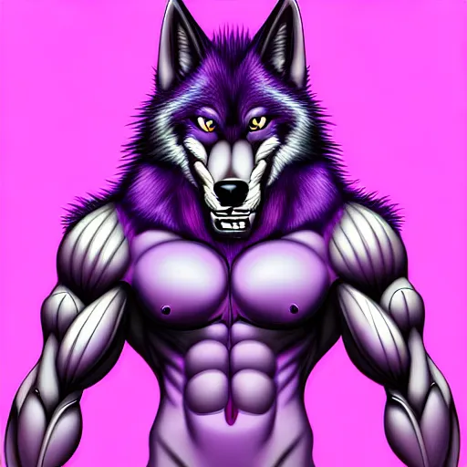Image similar to digital painting of an anthropomorphic muscular purple wolf, furry style, wearing jeans, deviant art, fursona, professional furry drawing, insanely detailed, hyper detailed wolf - like face, doing a pose from jojo's bizarre adventure, detailed veiny muscles, exaggerated features, beautiful shading, huge spikey teeth, grinning, colorful background