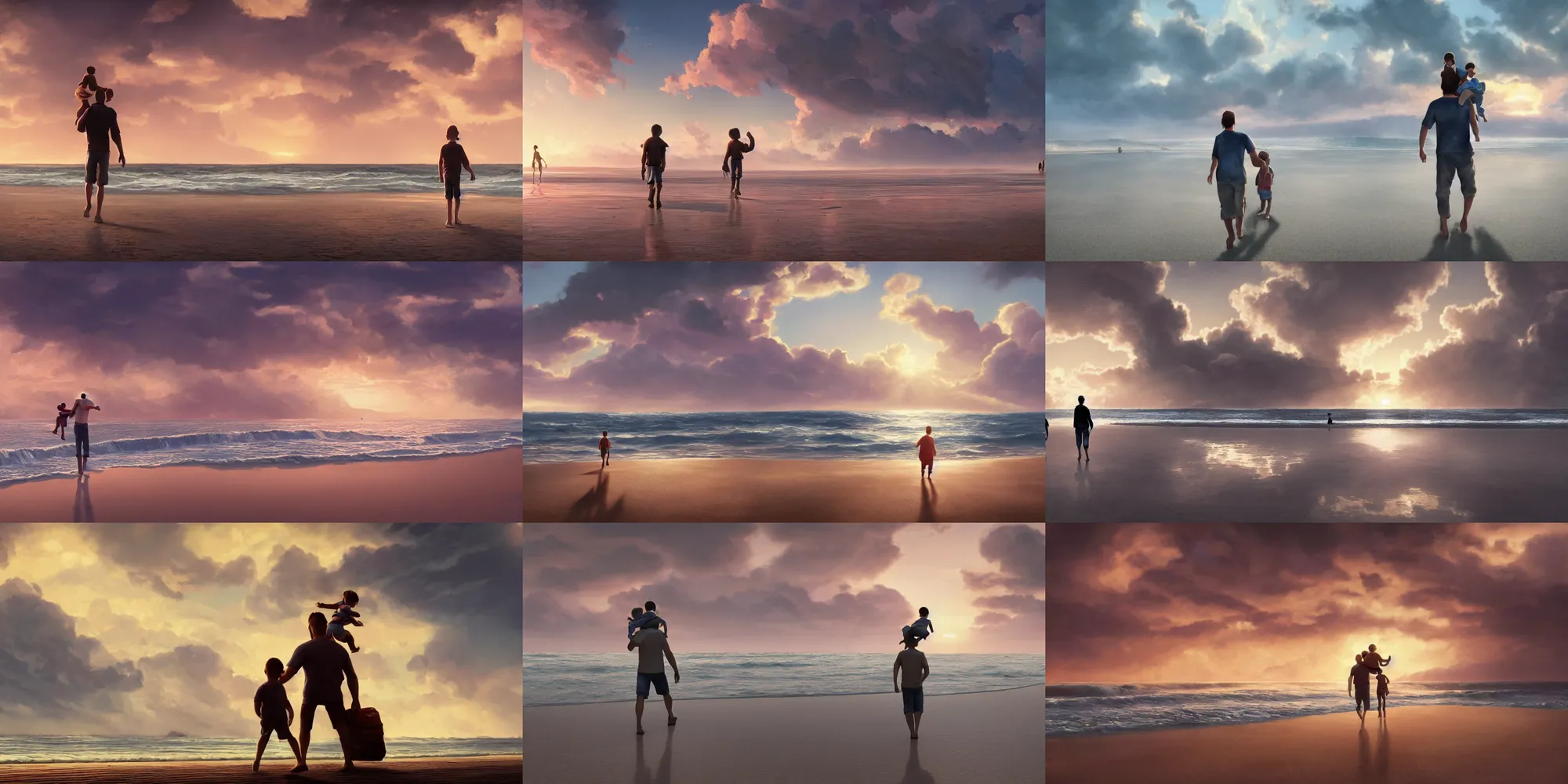 Prompt: a man carrying his child on his shoulders, walking at the beach, early morning, beautiful clouds in the sky, rule of thirds, wholesome, pixar and disney animation, sharp, rendered in unreal engine 5, art by greg rutkowski, bloom, dramatic lighting, sunrise