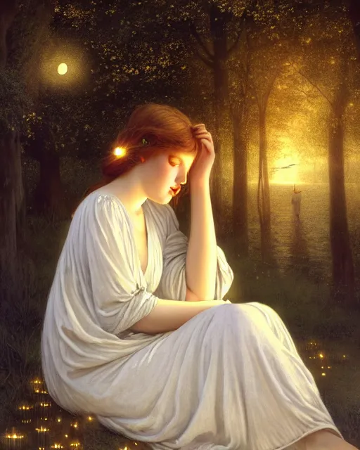 Prompt: a girl in white nightgown reading a book by the river, a full moon on the horizon, dark starry sky, golden orbs and fireflies, illustration, dramatic lighting, art nouveau, highly detailed face, 8 k, hd, by edmund blair leighton, brom, charlie bowater, trending on artstation, faces by tom bagshaw, sargent