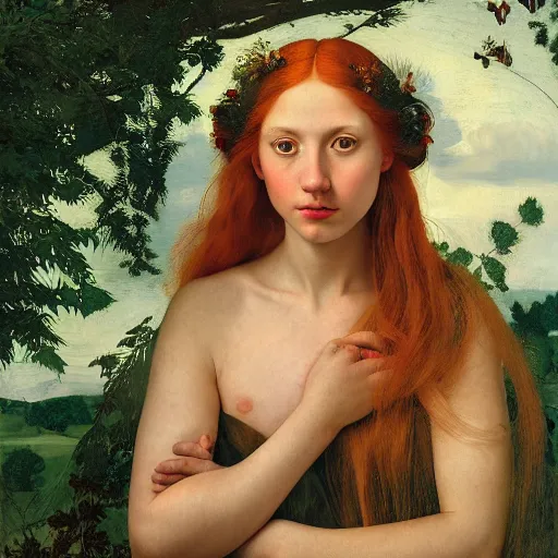 Image similar to portrait of a young woman, among the lights of golden fireflies and nature, long loose red hair, intricate details, green eyes, hint of freckles, round gentle face, happy, deep focus, smooth, sharp, golden ratio, hyper realistic digital art by artemisia lomi gentileschi and caravaggio and artgerm