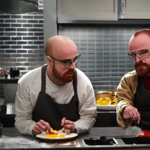 Image similar to jessie pinkman and walter white cooking borsch cinematic extremely detailed