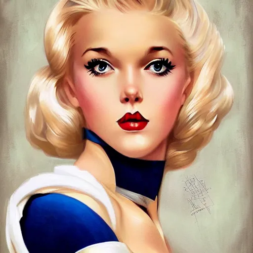 Image similar to a beautiful pin - up portrait of a beautiful cute superhero woman, blonde hair, matte navy - blue bodysuit, white cape, intricate, elegant, 8 k, highly detailed, digital painting, concept art, smooth, sharp focus, illustration, by norman rockwell and artgerm and loish and wlop