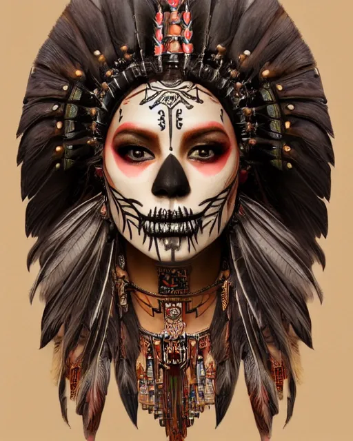 Image similar to photorealistic head and shoulders photo of beautiful female ornate fantasy indian tribal aztec warrior goddess, confident, minimal black skull warpaint, tattoos, Neil Blevins, James Paick, Natasha Tan Maciej Kuciara, Frank frazetta, arney freytag, Ritu Kumar, Sabyasachi Mukherjee, Annie Leibowitz, Magic the gathering,octane, bokeh, 8k, fashion pose, cinematic, National Geographic photo shoot, 28mm