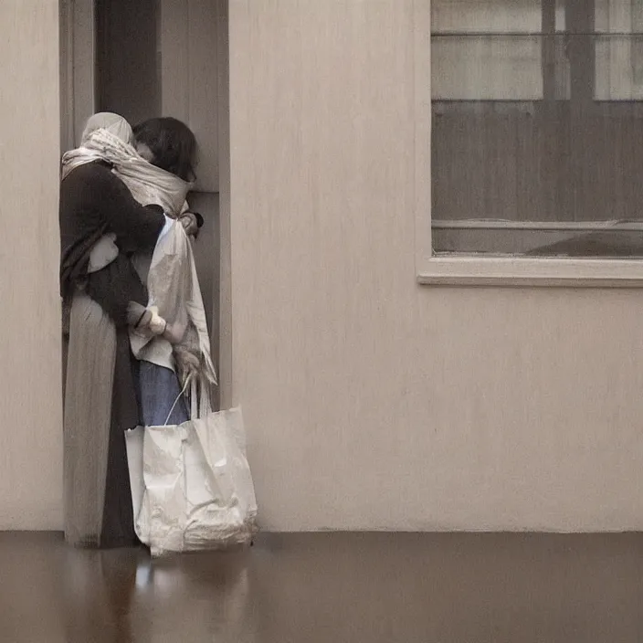 Prompt: two women hugging with a paper bag over the head dressed in plastic bags on flooded streets, highly detailed, artstation, art by, , edward hopper, Zdzislaw Beksinski, highly detailed