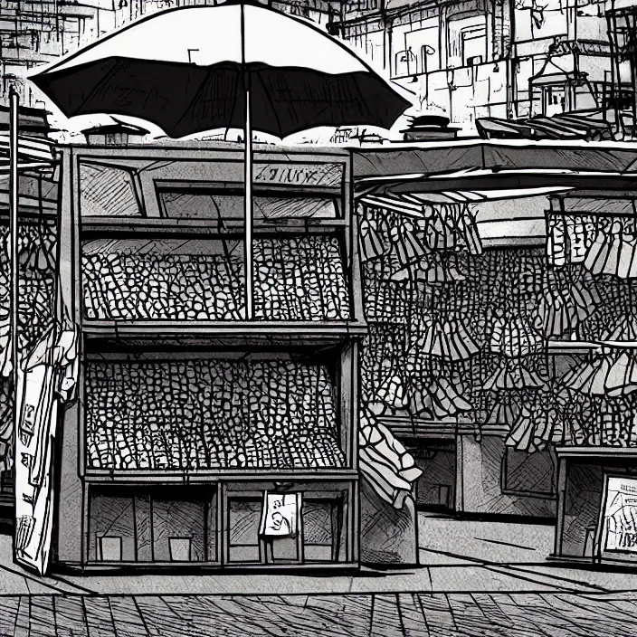 Image similar to close view of a market stall. folded umbrellas for sale on the stall. set in a square. background of an old soviet monument. storyboard, scifi cyberpunk. by gabriel hardman, joe alves, chris bonura. cinematic atmosphere, detailed and intricate, perfect anatomy