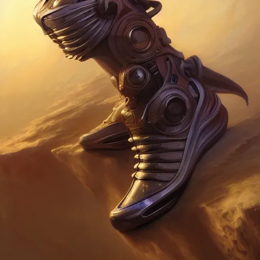 Image similar to futuristic balenciaga sneakers by jesper ejsing, james jean, justin gerard, tomasz alen kopera, cgsociety and fenghua zhong, subsurface scattering, highly detailed, rim light, art, cinematic lighting, very coherent, hyper realism, high detail, 8 k