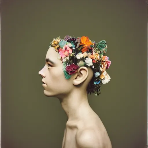 Image similar to a flower / human hybrid, studio medium format color photo