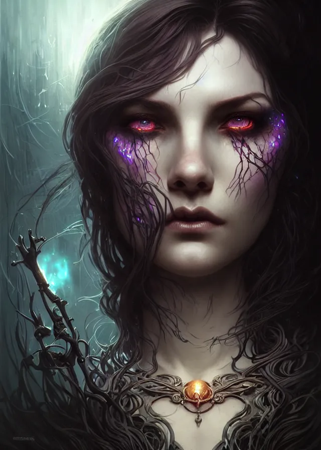 Image similar to Necromancer Sorceress face close-up macro in center, fantasy magic, undercut hairstyle, dark light night, intricate, elegant, sharp focus, illustration, highly detailed, digital painting, concept art, matte, art by WLOP and Artgerm and Greg Rutkowski and Alphonse Mucha, masterpiece