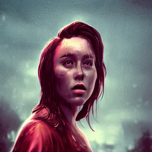 Prompt: impudent facial expression of a shameless woman, impudent facial expression of shameless woman, atmosphere of bloody rain, cross in the distance, Jesus Christ in the background, trending on artstation, highly detailed, digital painting, volumetric light, concept art, sharp focus, illustration