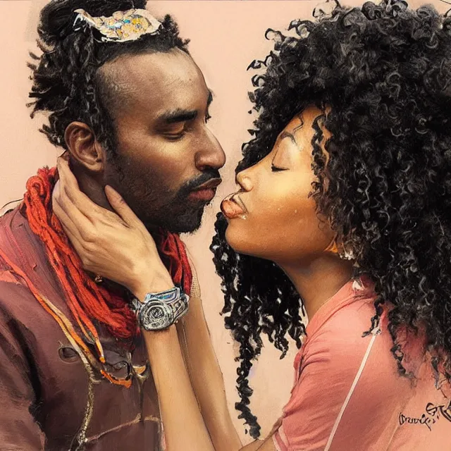 Image similar to a beautiful black woman, kissing the cheek of a somali man with long curly hair, wearing adidas clothes, portrait, elegant, intricate, digital painting, artstation, concept art, smooth, sharp focus, illustration, art by konstantin korovin and daniel f. gerhartz and john howe