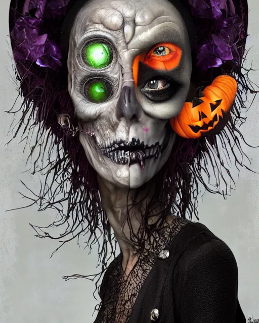 Image similar to halloween witch theme surrealist art in the styles of igor morski, jim warren, and a tim burton film, intricate, hyperrealistic, accurate facial details, profile picture with chromakey background, volumetric lighting