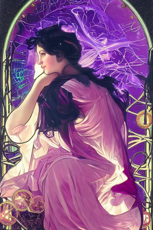 Prompt: she dreams of arcs of purple flame intertwined with glowing sparks, glinting particles of ice, dramatic lighting, steampunk, secret holographic cyphers, red flowers, bright neon solar flares, high contrast, smooth, sharp focus, art nouveau, painting by Caravaggio and Daytoner and Alphonse Mucha