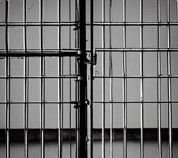 Prompt: Joachim Brohm photo of 'canada goose perched behind jail bars', high contrast, high exposure photo, monochrome, DLSR, grainy, close up, low quality