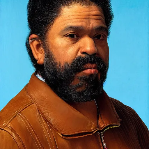 Prompt: close up portrait of a middle - aged mexican man with a beard, wearing a black leather jacket, blank background, rembrandt lighting, detailed, by kehinde wiley, kadir nelson
