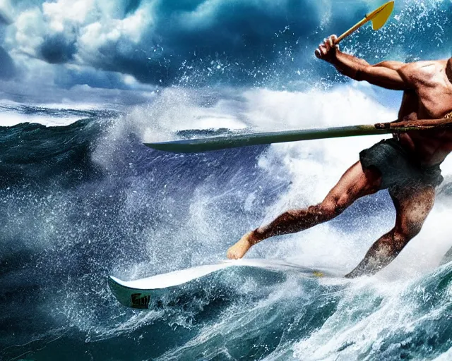 Image similar to single spartan paddling surf - ski through waves, epic award winning action cinematic still from the movie 3 0 0, 8 k, global illumination, detailed face, muscles, rim highlights, hyper realistic, stunning waves, happy vibes