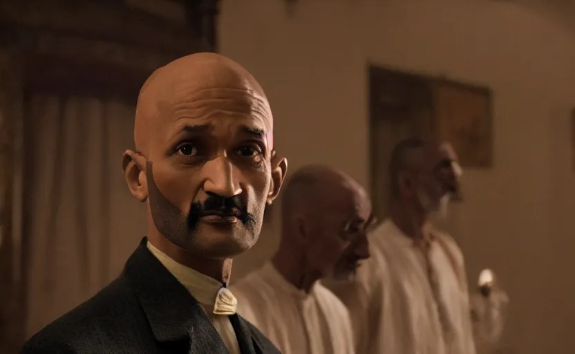 Image similar to Keegan-Michael Key as Mahatma Gandhi in 'Gandhi' (2017), movie still frame, oscar nominated cinematography, volumetric lighting, 8k resolution