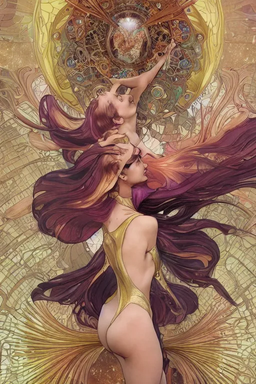 Image similar to swimming through time, by artgerm and yoshitaka amano and moebius and alphonse mucha, hyperdetailed, glamour, surreal, abomination, dc comics, ornate, nebula, explosions in the sky, trending on artstation