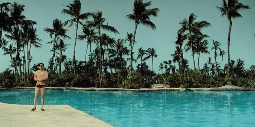 Image similar to wide shot of John Turturro standing in a surreal defunct florida keys abandoned resort with palm trees around a pool, a surreal vaporwave liminal space, 1970s thriller, color kodak Kubrick film, anamorphic lenses