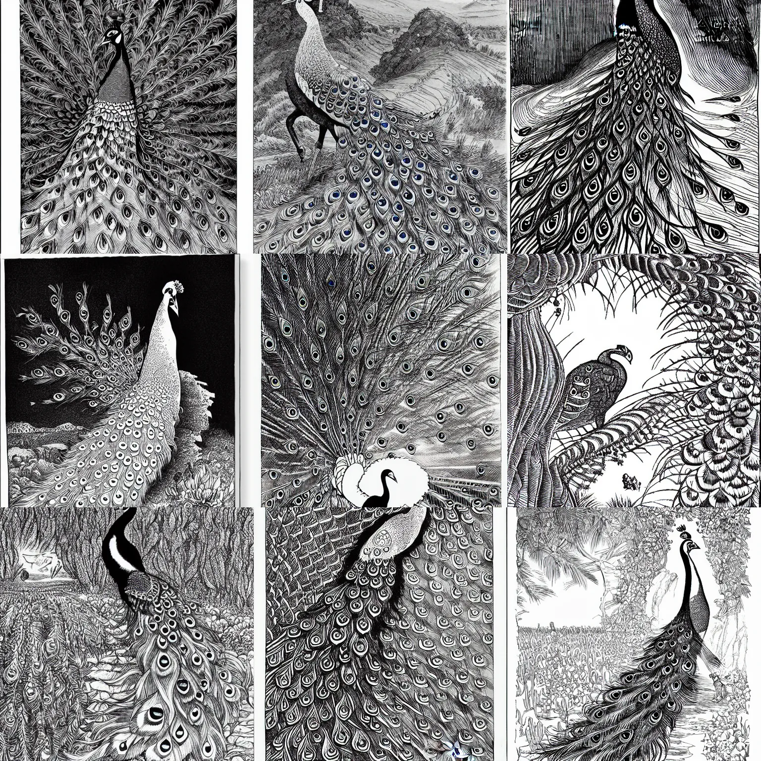 Prompt: peacock in the desert, highly detailed, black and white ink illustration, by lewis caroll