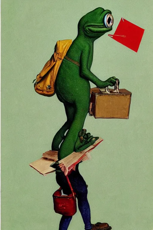 Image similar to pepe the frog on his way to school, painted by norman rockwell