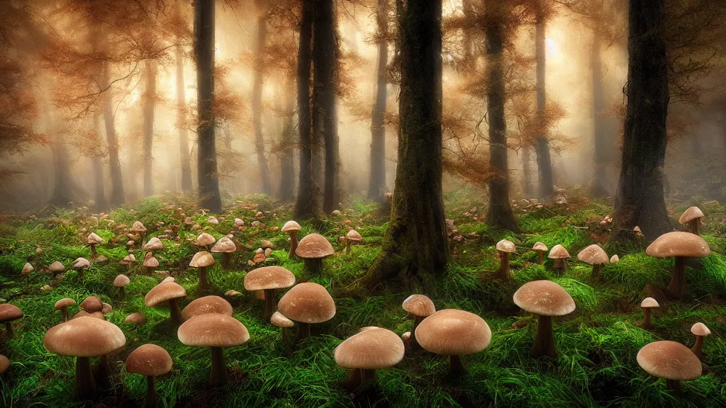 Prompt: amazing landscape photo of a forest of mushrooms by marc adamus, beautiful dramatic lighting