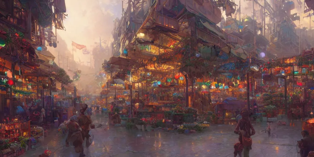 Prompt: screenshot of a joyous marketplace in a makeshift city in the clouds, iridescent dappled light, rainbows, hustle and bustle, fps, thomas kinkade, by craig mullins, james gurney, greg rutkowski, sparth, mucha, cinematography, cinematic masterpiece