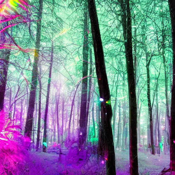 Prompt: crystal forest, neon glare, nacreous flare