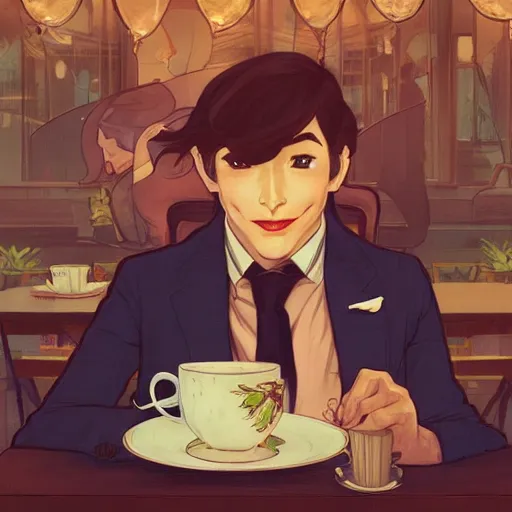 Prompt: a weasel in a suit was drinking tea, surrounded by tea houses ambient lighting, 4 k, lois van baarle, ilya kuvshinov, rossdraws, alphonse mucha, jung gi kim, artstation