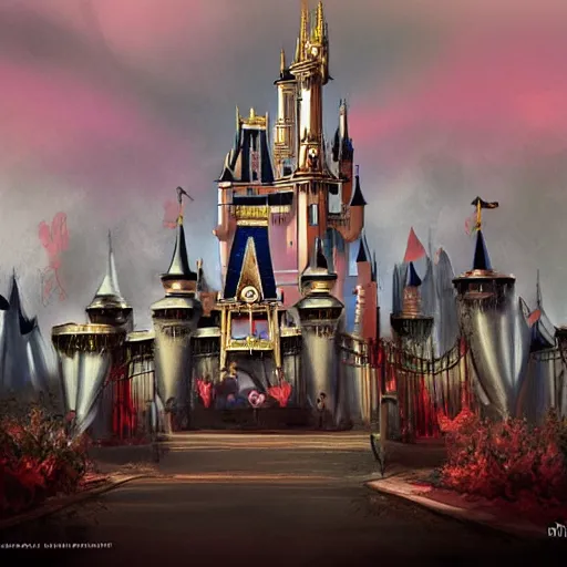 Image similar to Disney World, surrealist, dark, wicked, evil, twisted and bad concept art