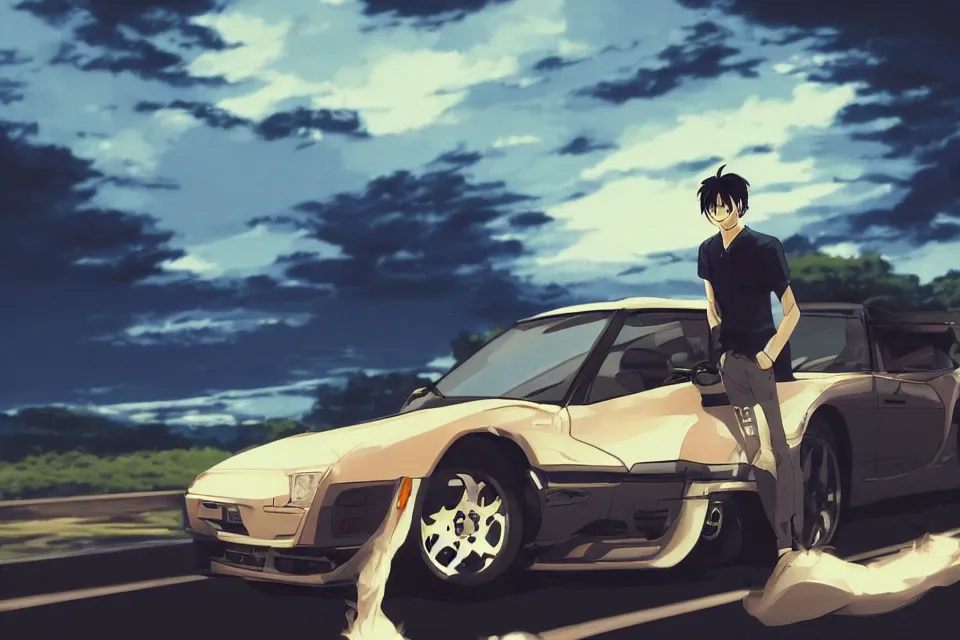 Image similar to aesthetic illustration of ryosuke takahashi with black hair wearing a dark blue shirt leaning on his white mazda rx 7 on an empty highway at dusk, cinematic lighting, initial d anime 1 0 8 0 p, detailed anime face, high detail, 9 0 s anime aesthetic, volumetric lights, rule of thirds, unreal engine 5 render, pinterest wallpaper, trending on artstation