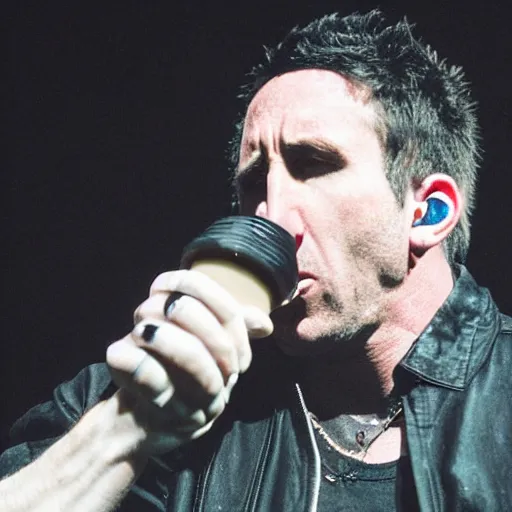Prompt: Concert photo of Trent Reznor eating an ice cream cone on stage. Flash photography, hyper realistic, highly detailed.