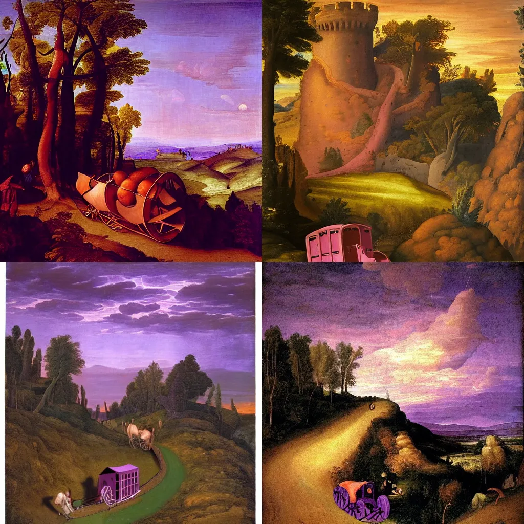 Prompt: renaissance painting of a dark purple steep and zig - zag path with a glowing wagon. a violet evil fantasy castle over a high dark blue hill at night. orange to pink gradient sky and thunderstorm background. forest underneath. glowing wagon on the path