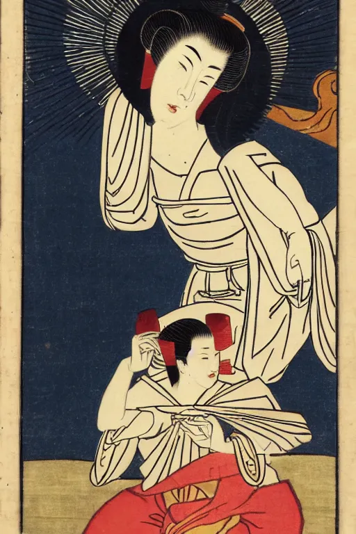 Image similar to Angel with a crown of light, in the style of Utamaro
