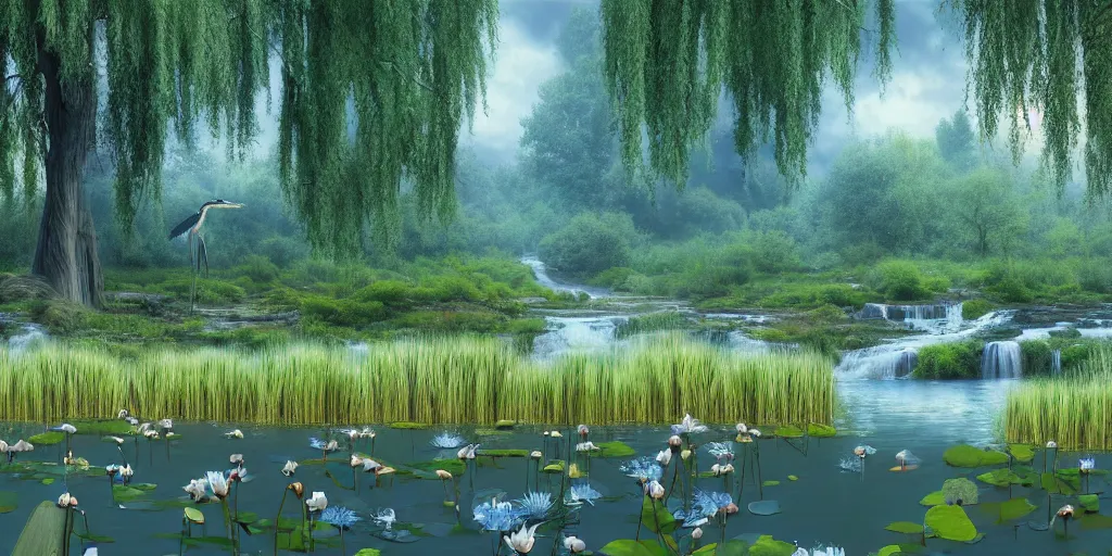 Image similar to a majestic blue heron in shallow river, waterfalls in distance, willow trees, cherry blosom trees, lily pads, bullrushes, marsh, clouds, godrays, intricate, luminescent matte painting, highly detailed, artstation