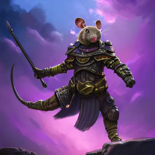 Image similar to armored mouse warrior reaching for a floating purple crystal, Digital Oil Painting, trending on Artstation, highly detailed, 8k, UHD