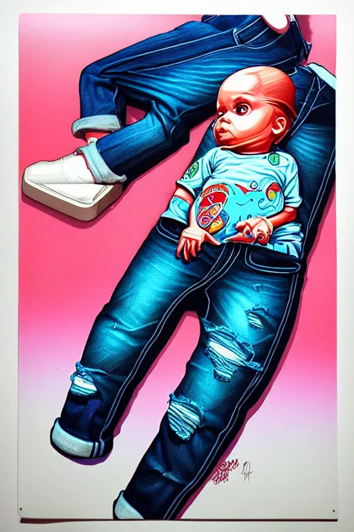 Image similar to a baby in a jeans pocket, tristan eaton, victo ngai, artgerm, rhads, ross draws