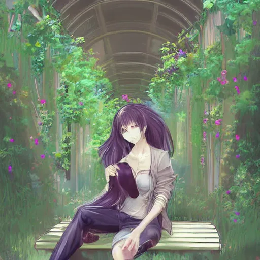 Prompt: advanced digital art. an abandoned train station overgrown with vines and flowers. A beautiful girl is sitting on a bench reading. Digital Anime painting. WLOP, RossDraws. —H 2160