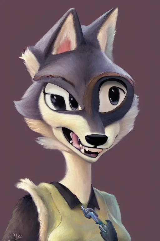 Image similar to oil painting of anthromorphic female wolf, in style of zootopia, female fursona, furry, furaffinity, 4 k, deviantart, furry art, fursona art, wearing black business suit, business suit, wolf fursona, female, very expressive detailed feminine face,