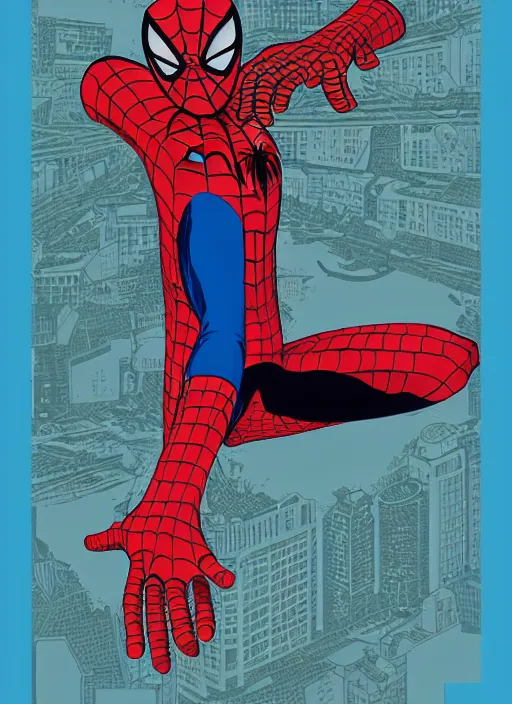 Image similar to poster artwork by Michael Whelan and Tomer Hanuka, John Romita Jr of Spiderman, from scene from Twin Peaks, clean, simple illustration, nostalgic, domestic, full of details