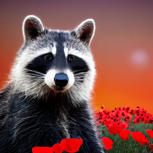 Image similar to a closeup photorealistic photograph of a two different black adult cats sitting on 4 paws next to big a black and white adult racoon in a field of poppy with a red sunset in the background. This 4K HD image is Trending on Artstation, featured on Behance, well-rendered, extra crisp, features intricate detail and the style of Unreal Engine.