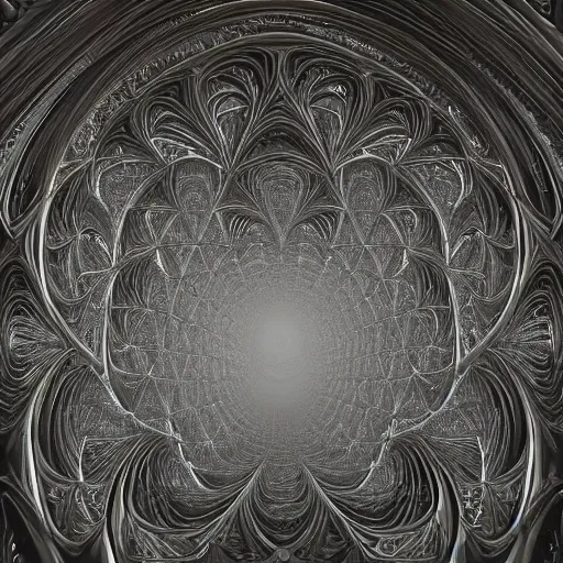 Prompt: hyperrealistic 3 d render of a massive fractal cathedral exterior populated by mandelbrot fractals, unreal engine, carved ivory, octane render, realistic, white, volumetric lighting, hyperrealism, stark, glowing, carved marble, opalescent, carved soap, sacred geometry, angelic, catholicpunk, photorealism, 8 k, trending on artstation