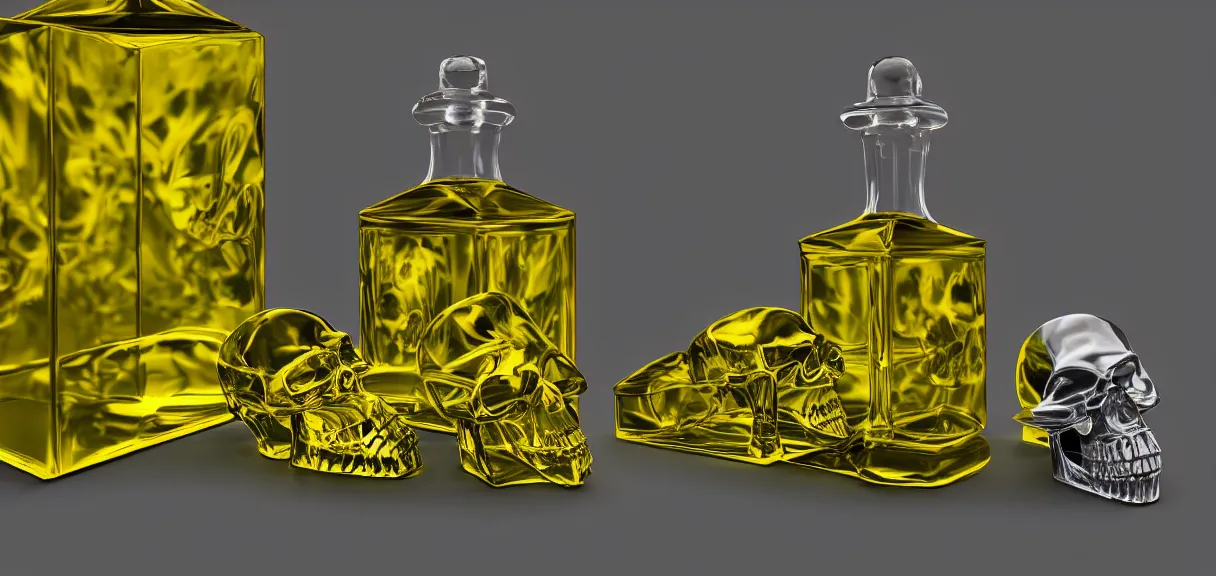 Prompt: still life of, side view, translucent, olive oil, diamond crystal, [ [ [ ten skulls ] ] ], octane, chroma, 3 d, excessively - dimensional, 8 k, polygon, crepuscular rays, electric arc, volumetric light, ray tracing global illumination, transparent, ray tracing reflections, chromatic aberration,