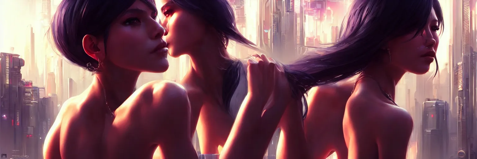 Prompt: portrait of a sensual female humanoid in a cyberpunk cityscape, half body cropping, elegant glamor pose, perfect anatomy, bokeh, hyper photorealistic, crispy quality, digital photography, art by pascal blanche, art by artgerm, art by greg rutkowski,