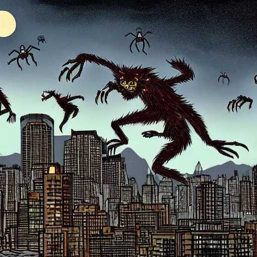 Prompt: A pack of Garou werewolves chase a giant spider across the rooftops of Burnaby. by Ron Spencer.