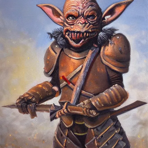 Prompt: an oil painting of a goblin in heavy armor wielding two pickaxes