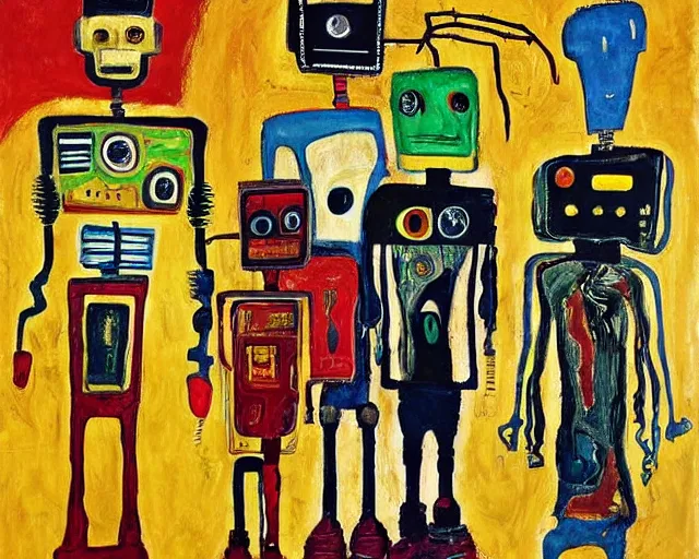 Image similar to a painting of a robot family portrait by graham sutherland, egon schiele, basquiat, expressionism